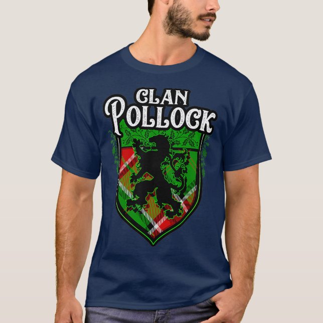 Klan Pollock Surname Scottish Tartan Lejon Vapensk T Shirt (Framsida)