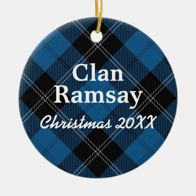 Klan Ramsay Scottish Blue Hunting Tartan Julgransprydnad Keramik (Framsidan)
