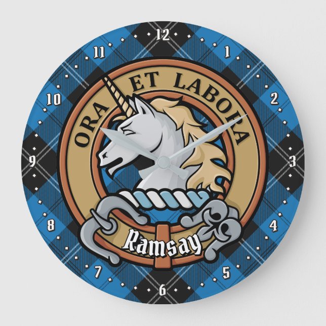 Klan Ramsay Vapensköld över Blue Hunting Tartan Stor Klocka (Framsida)