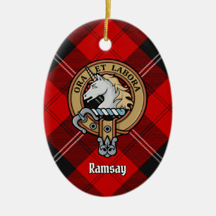 Klan Ramsay Vapensköld över Red Tartan Julgransprydnad Keramik