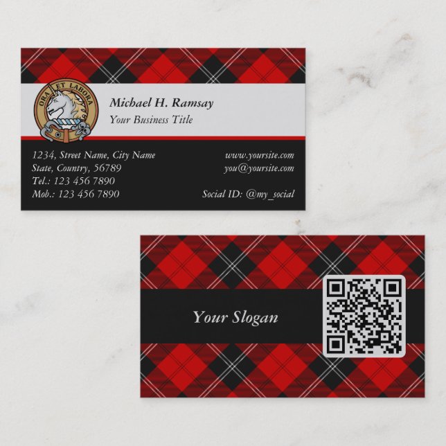 Klan Ramsay Vapensköld över Red Tartan Visitkort (Fram/baksida)