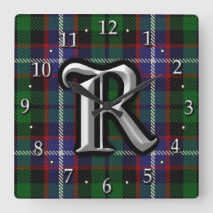 Klan Russell Brev R Monogram Tartan Fyrkantig Klocka