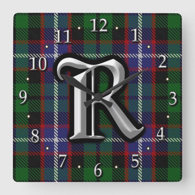 Klan Russell Brev R Monogram Tartan Fyrkantig Klocka (Framsida)
