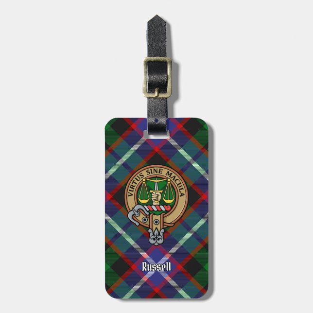 Klan Russell Crest över Tartan Bagagebricka (Vertikal Framsida)