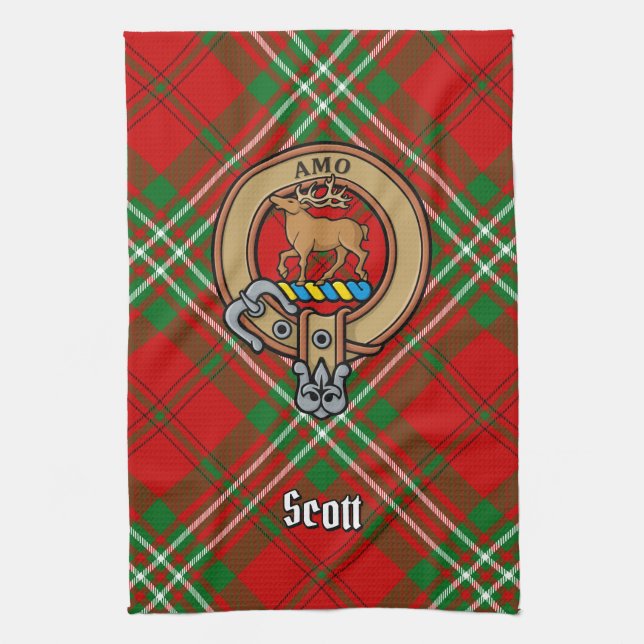 Klan Scott Vapensköld över Red Tartan Kitchen Towe Kökshandduk (Vertikal)