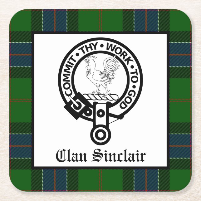 Klan Sinclair Vapensköld Badge och Tartan Underlägg Papper Kvadrat (Framsidan)
