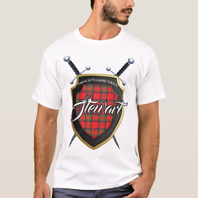 Klan Stewart Tartan Scottish Shield T Shirt (Framsida)
