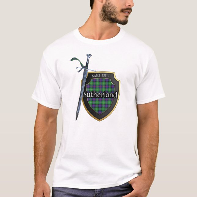 Klan Sutherland Tartan Scottish Shield & Sword T-shirt (Framsida)