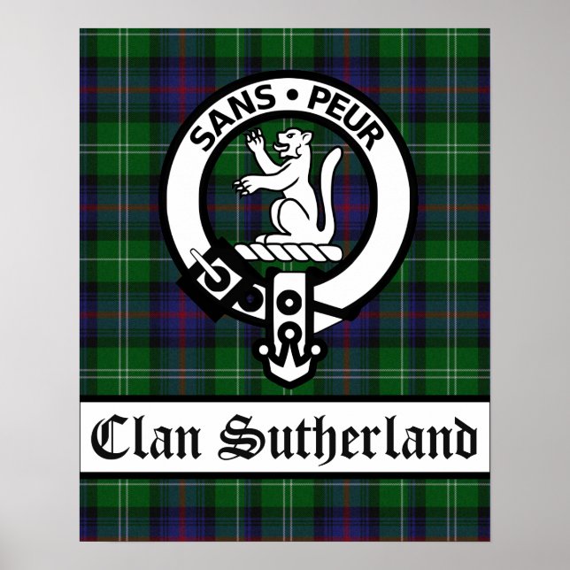 Klan Sutherland Vapensköld Badge & Tartan Poster (Framsidan)