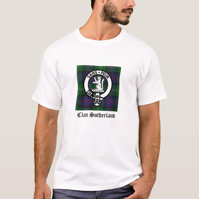 Klan Sutherland Vapensköld & Tartan T-shirt (Framsida)