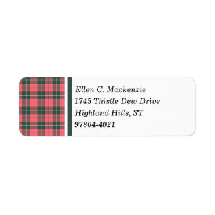Klan Wallace Rosa och Mörk grönt Weasted Tartan Returadress Etikett
