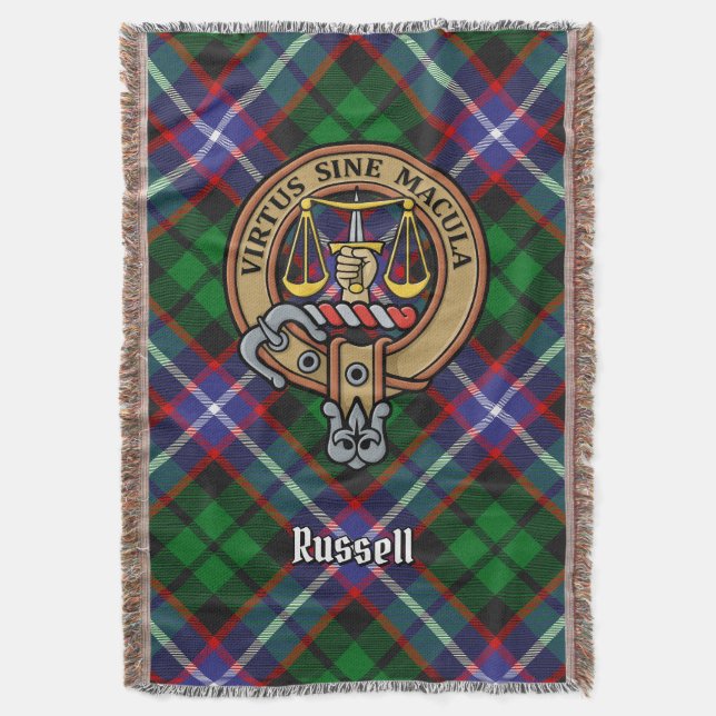 Klanen Russell Crest över tartan Filt (Framsidan Vertikal)