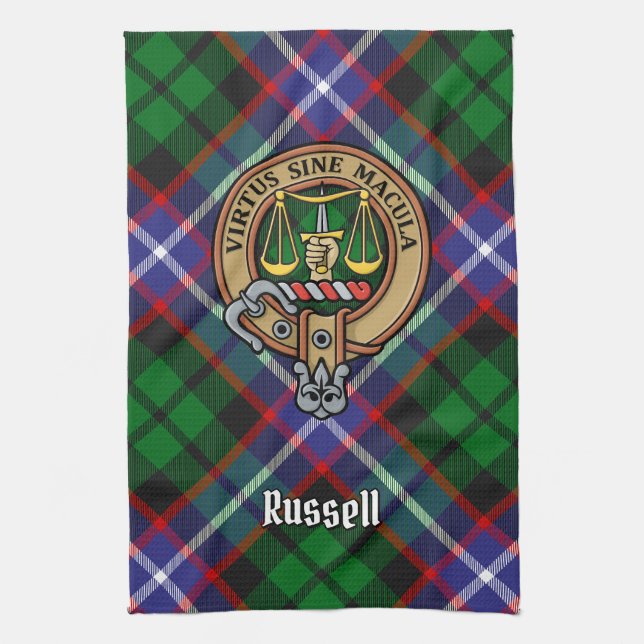 Klanen Russell Crest över Tartan Kökshandduk (Vertikal)