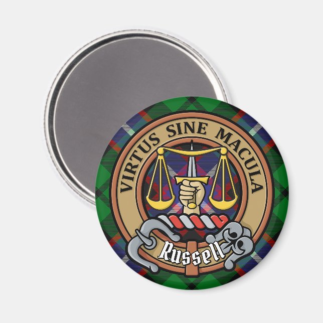 Klanen Russell Crest över Tartan Magnet (Front/Back)