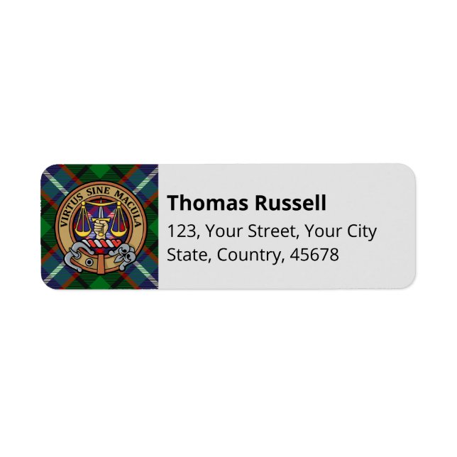 Klanen Russell Crest över Tartan Returadress Etikett (Framsidan)