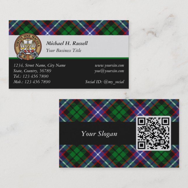 Klanen Russell Crest över Tartan Visitkort (Fram/baksida)