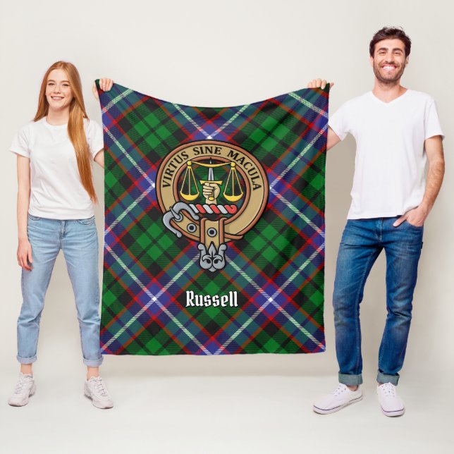 Klanen Russell vapen över tartan Fleecefilt (På plats)