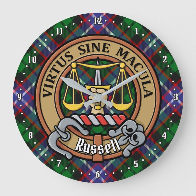 Klanen Russell vapen över tartan Stor Klocka (Framsida)