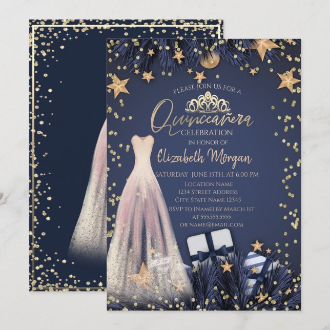  Klänning, Grenar, Diamanter Navyblå Quinceañera Inbjudningar (Fram/baksida)
