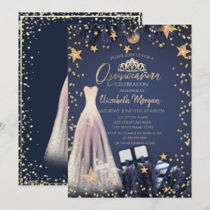 Klänning, Grenar, Diamanter Navyblå Quinceañera Inbjudningar