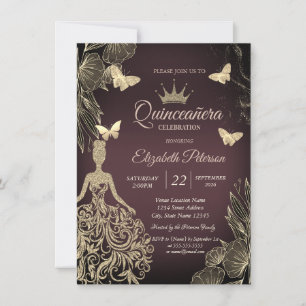 Klänning, Guld Fjärilar Blommor Mörk Quinceañera Inbjudningar