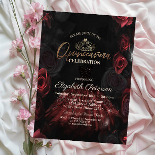  Klänning, Tiara, Eleganta röda rosor Quinceañera  Inbjudningar