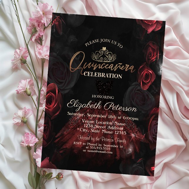  Klänning, Tiara, Eleganta röda rosor Quinceañera  Inbjudningar (Skapare uppladdad)