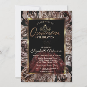 Klänning, Tiara, Mörka Rosor Quinceañera Inbjudningar