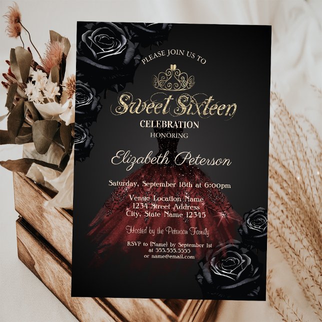 Klänning, Tiara, Svarta Rosor Sweet 16 Inbjudningar (Skapare uppladdad)