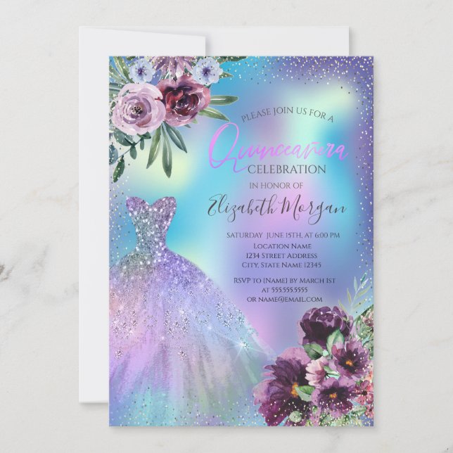 Klänning, Violetta Blommor Holografisk Quinceañera Inbjudningar (Framsida)