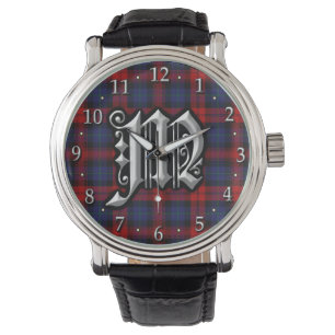Klans MacLachlan Bokstav M Monogram Röd Blå Tartan Armbandsur