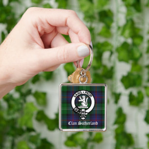 KlanSutherland vapensköld & Tartan Fyrkantig Silverfärgad Nyckelring