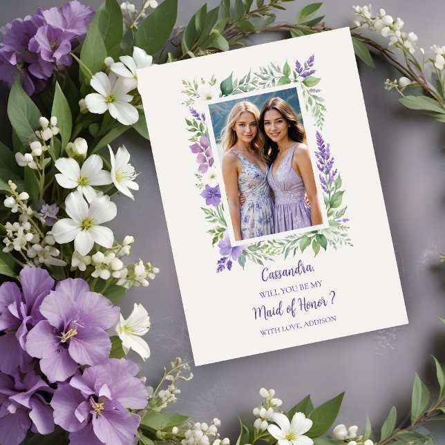Klar Blommigt Ram Bridesmaid Photo Frieri (Cherish Cute Floral Frame Bridesmaid Photo Proposal Card in Lavender Shades. )