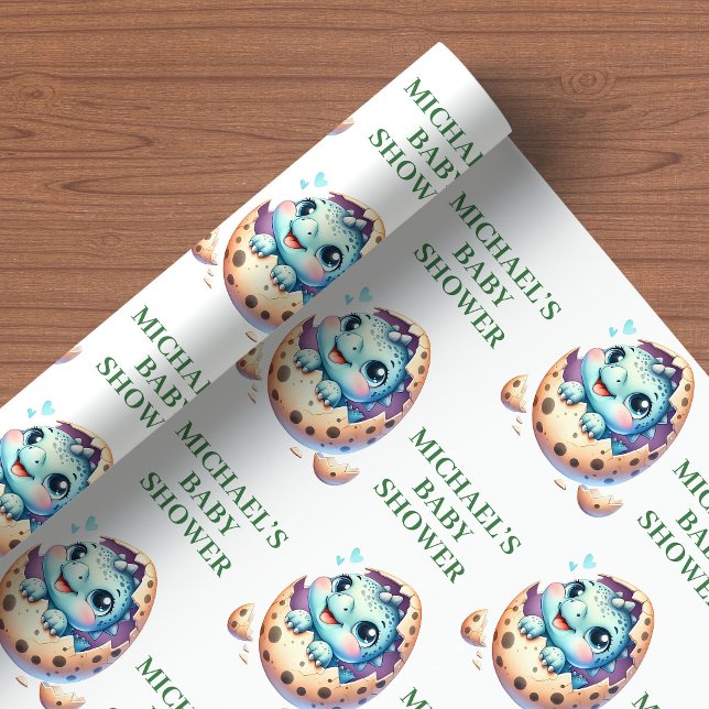 Klar för kläckning Baby Dino Söt Dusch Inpacknings Presentpapper (Hatching Soon Baby Dino Cute Shower Wrapping Paper)