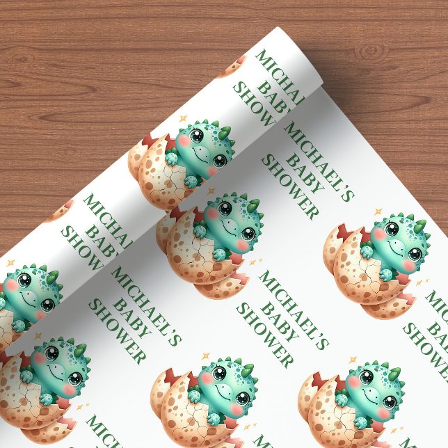 Klar för kläckning Söt Dino Baby Shower Presentpap Presentpapper (Hatching Soon Cute Dino Baby Shower Wrapping Paper)