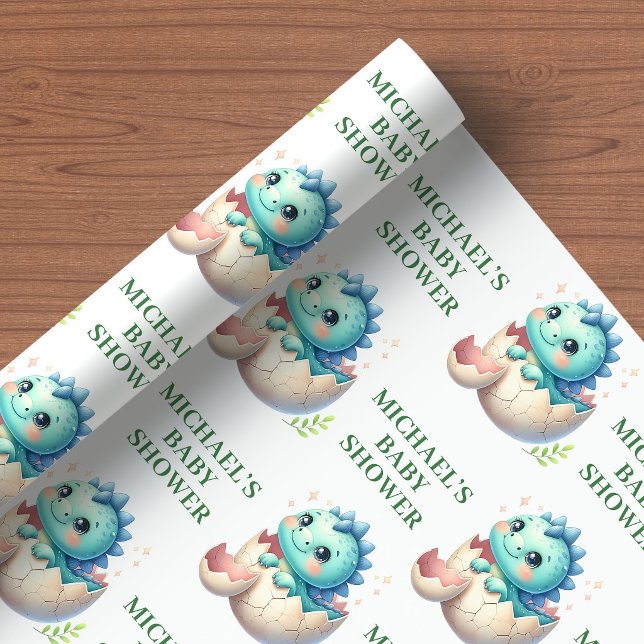 Klar i Nästa Bad Omslags Papper Bebis Dino Dom Presentpapper (Hatching Soon Shower Wrapping Paper Baby Dino Theme)