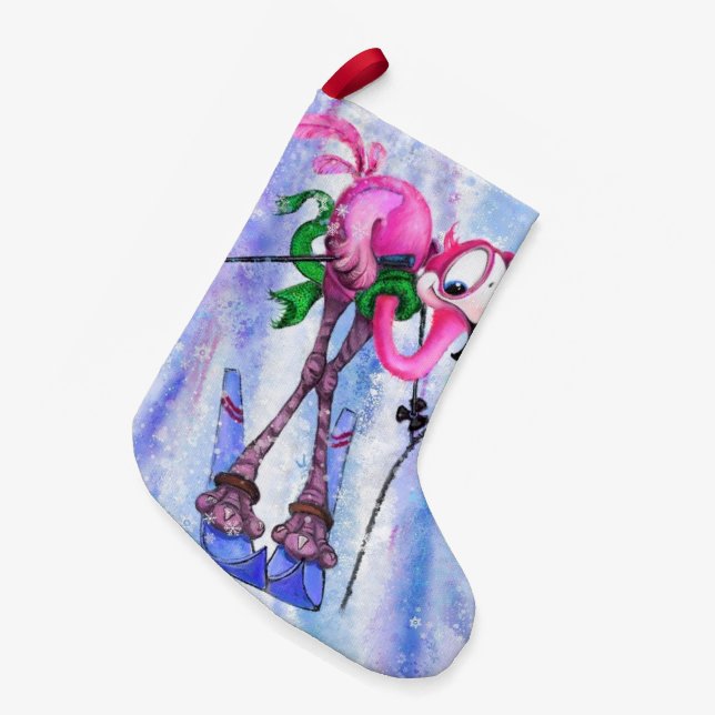 Klar julklapp med Rosa Flamingo Skier Liten Julstrumpa (Framsidan (Hängande))