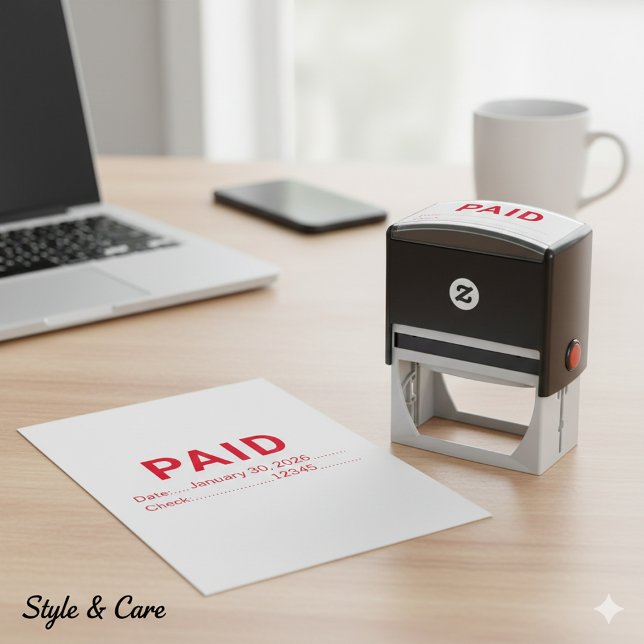 Klar kontorsstämpel med datum och check självfärgande stämpel (Office Ready Paid With Date And Check Self-inking Stamp)