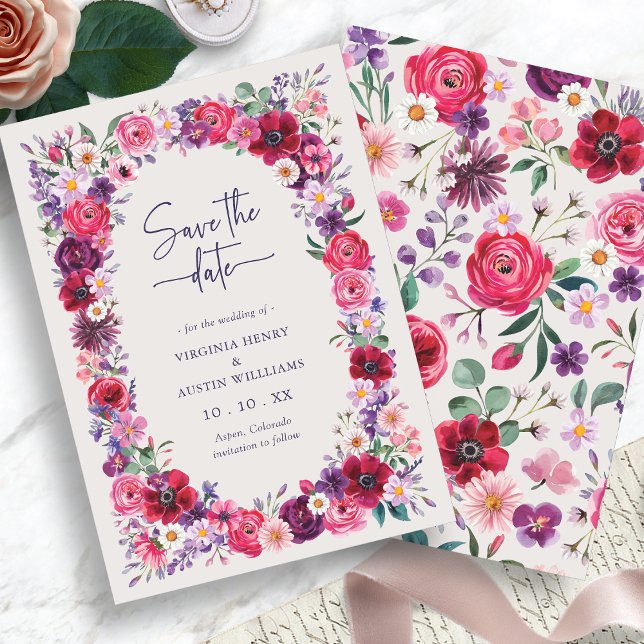 Klar Lys Blommig Spara Datumet (Bold Bright Floral Save The Date Card by Painted Paperie
)