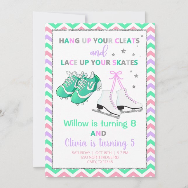 Klar och skridskor flickor syskon födelsedag inbju inbjudningar (Framsida)