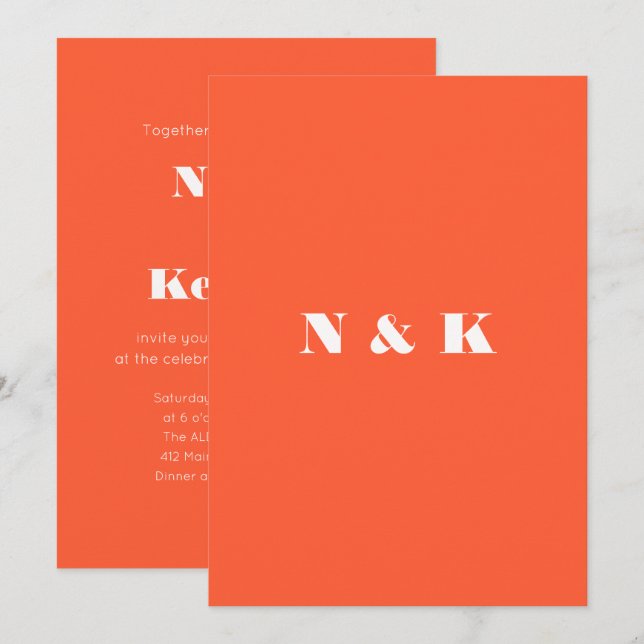 Klar Orange Persimon Modern Monogram Bröllop Inbjudningar (Fram/baksida)