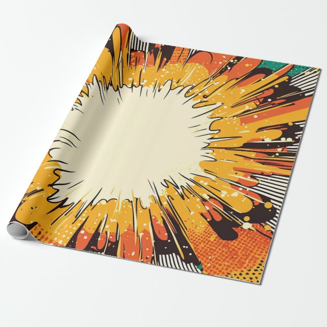 Klar orange Pop Art-smäll Svarta fartlinjer Presentpapper (Utrullad)