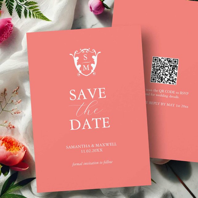 Klar orange Spara datum Bröllopsinbjudningar Spara Datumet (Save the date wedding invitations bold orange maximalist design with QR code and monogram)