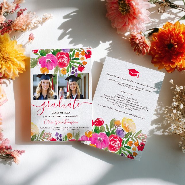 Klar Rosa Orange Boho Blommig 2-Foto Examen Inbjudningar (Bold Pink Orange Boho Floral 2-Photo Graduation Invitation)