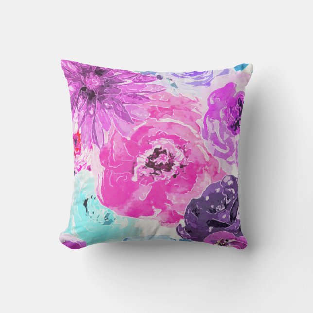 Klar Violett Djärva Blommor Blommor Rosa Lila Chic Kudde (Framsida)