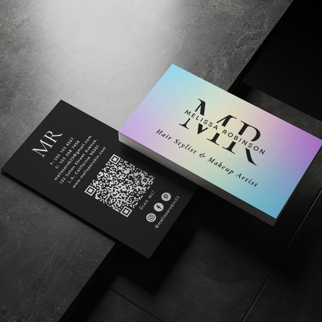 Klara Färger Ombre Gradient Monogram & QR-kod Visitkort (Skapare uppladdad)