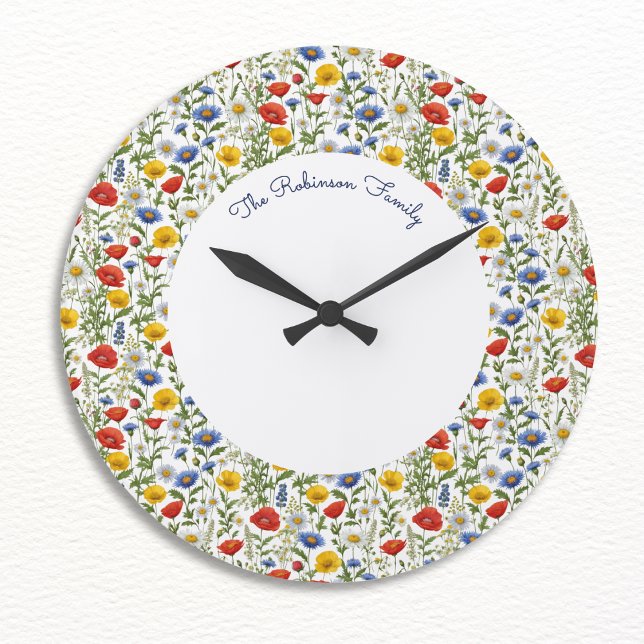 Klara färgglada sommarvilda blommor Blommig rund Stor Klocka (A pretty personalized wall clock with a pattern of colorful summer wildflowers)