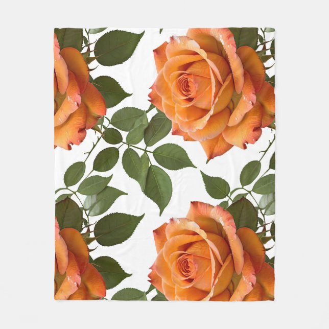 Klara orange rosor med gröna blad fleecefilt (Framsidan)