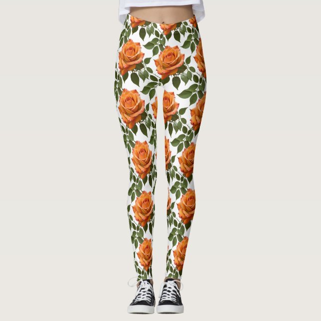 Klara orange rosor med gröna blad leggings (Framsida)