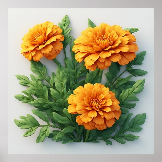 Klara orange sammetsblommor med gröna blad poster (Framsidan)